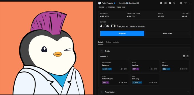 An OpenSea NFT listing for 'Pudgy Penguins' showing a cartoon penguin with a pink mohawk alongside trait details like Background Turquoise, Body Lab Coat, and Face Winking.