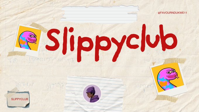 A banner for 'Slippyclub' (@FAVOURDUKWE11) featuring a pink snake character on polaroid photos against a crumpled paper background.