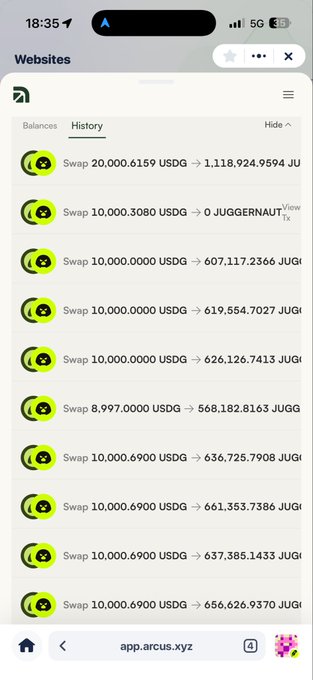 A mobile screenshot of the app.arcus.xyz website showing a swap history with multiple transactions, including 'Swap 20,000.6159 USDG → 1,118,924.9594 JU' and various other JUGG/JUGI token swaps.