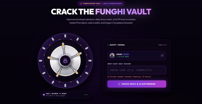 A 'CRACK THE FUNGHI VAULT' promotional webpage featuring a vault door graphic and a decryption terminal for entering secret passcodes to claim rewards, with text mentioning 'DAILY & STREAM DROPS.'