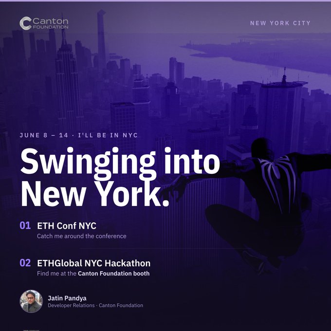 The image features a poster for an event called "Swinging into New York." The poster includes a photo of Spiderman swinging from a building with the text "Swinging into NYC." Below this, there are two lines of text that read "01 1st eth global nyc hackathon" and "@ethconf + If you're building at @ETHGlobal NYC, find me at the @CantonFdn booth". The poster also includes a photo of Spiderman swinging from a building with the text "Gonna be swinging into NYC Will be at @ethconf + If you'r building at @ETHGlobal NYC, find me at the @CantonFdn booth."