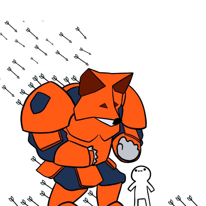 A cartoon illustration of an orange armored fox-like character being rained on by arrows, standing next to a small simple white stick figure character.