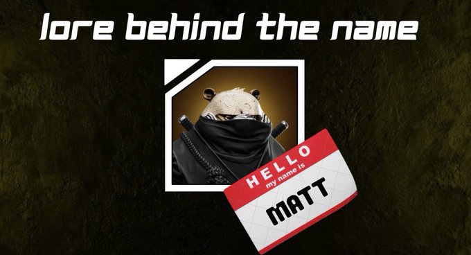 A stylized graphic with the text 'lore behind the name' above an image of a panda in tactical gear and a 'HELLO my name is MATT' name tag.