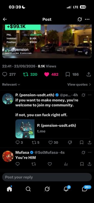 A screenshot of a social media post showing trading results with a +$99.1K gain, PNL +$99,787, Invested $116K, Position $100K, with a reply from @pension-usddt.eth promoting their community, and another reply from @SolMufasa saying 'You're HIM'.