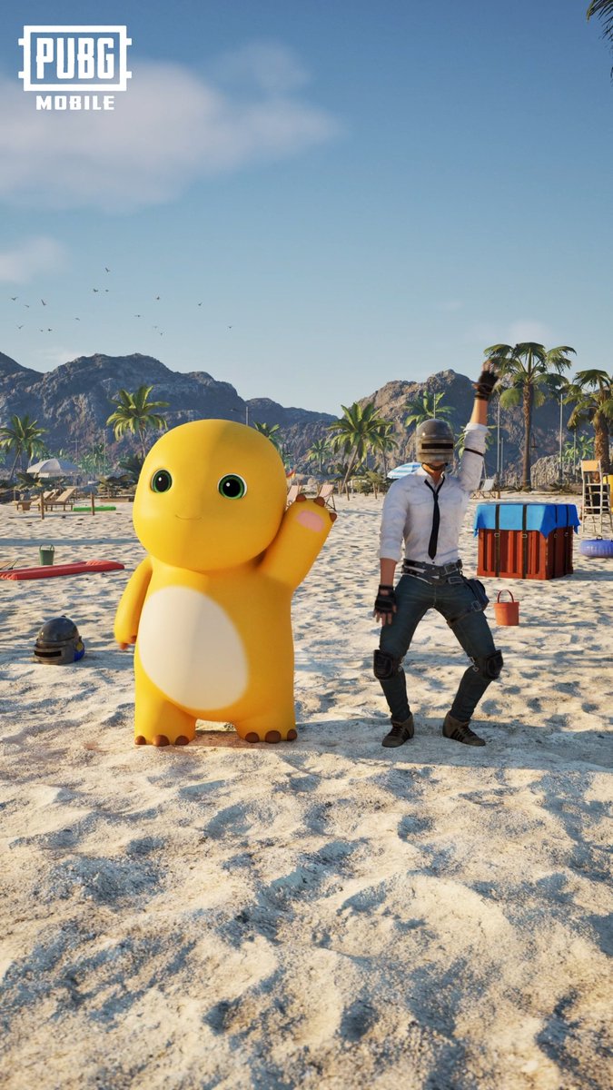 A promotional image for PUBG Mobile featuring a player character in a level 3 helmet waving alongside a yellow dinosaur mascot on a sandy beach with palm trees and mountains in the background.