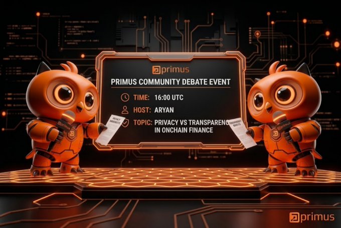 A promotional graphic for a "Primus Community Debate Event" at 16:00 UTC hosted by Aryan on the topic of "Privacy vs Transparency in Onchain Finance," featuring two orange owl-like mascots holding microphones.