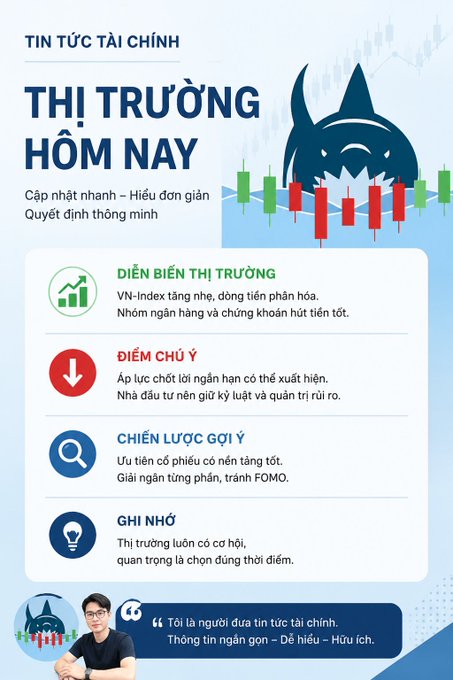 A Vietnamese financial market infographic titled "TIN TỨC TÀI CHÍNH - THỊ TRƯỜNG HÔM NAY" (Financial News - Market Today) with the tagline "Cập nhật nhanh – Hiểu đơn giản, Quyết định thông minh" (Quick updates – Simple understanding, Smart decisions).

The graphic features a shark illustration at the top surrounded by candlestick chart elements, symbolizing market dynamics. It contains four key sections:

1. **DIỄN BIẾN THỊ TRƯỜNG** (Market Trends): "VN-Index tăng nhẹ, dòng tiền phân hóa. Nhóm ngân hàng và chứng khoán hút tiền tốt" (VN-Index slightly up, capital flow diverges. Banking and securities