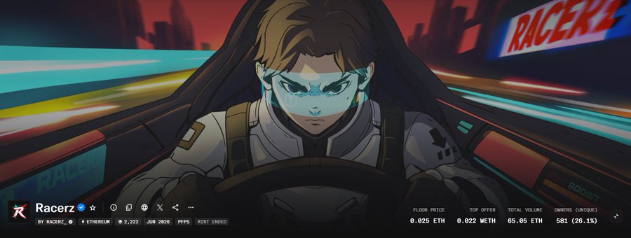 An anime-style racer grips a steering wheel against a neon-lit cityscape backdrop, prominently featuring the "RACERZ" logo and ticker ($RACERZ) at the top right, tying into the post's theme of community momentum and excitement for the project.

Key text/numbers visible:
- RACERZ (logo, top right)
- $RACERZ (ticker, bottom left)
- 0.025 ETH (floor price)
- 0.022 WETH (top offer)
- 65.05 ETH (total volume)
- 581 (20.1%) (unique owners)
- MINT ENDED
- JUN 2026