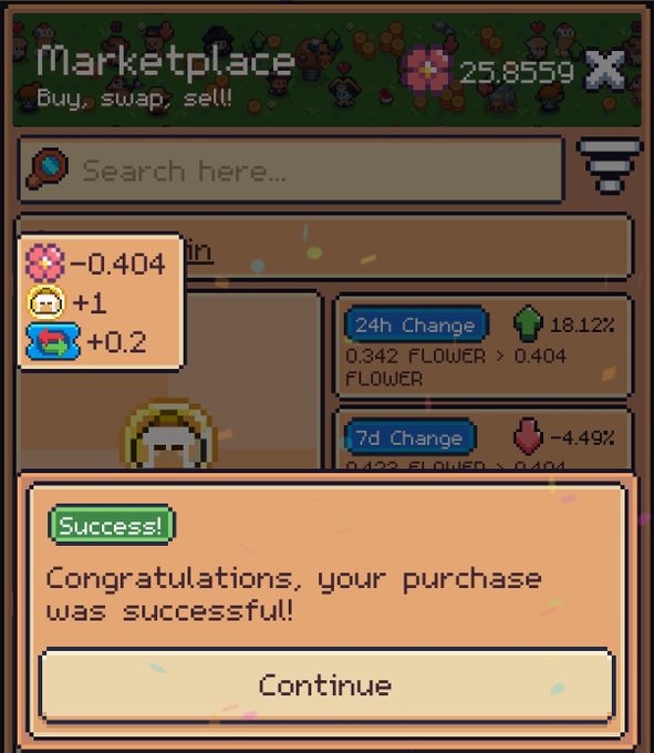 The image shows a screenshot of a marketplace app displaying a screen with various items available for purchase, such as flowers or coins, with prices shown below them. The screen also displays a congratulatory message acknowledging the user's success at making a purchase. A button is present that allows users to exit from this page and return to the main marketplace page. In addition, there are two stars displayed in the top left corner of the image suggesting good reviews or recommendations for items available on the marketplace platform.