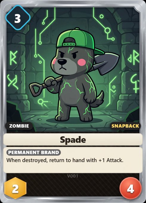 A digital collectible card titled 'Spade' depicting a cartoon zombie dog wearing a green 'Snapback' cap and holding a shovel, with stats 3 attack and 4 health, and the ability 'When destroyed, return to hand with +1 Attack.'