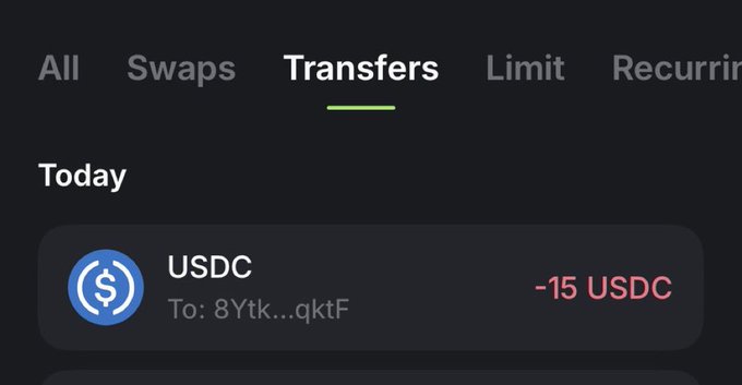 A dark-themed mobile app screen showing a 'Transfers' tab with a transaction for -15 USDC sent to address 8Ytk...qktF, marked for 'Today'.