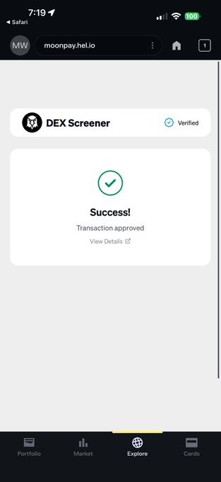 The image shows a phone screen displaying a message from a payment app, DEX paid, congratulating the user for successfully completing their transaction. The text "Success!" is displayed at the top of the screen, indicating that the payment has been approved. The app's logo and other design elements are visible on the screen as well.