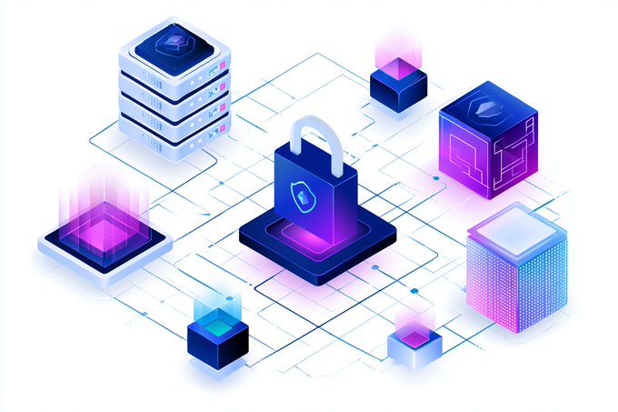 The image features an isometric digital illustration with a central padlock icon surrounded by interconnected servers, data cubes, and glowing nodes in vibrant blue and purple hues, symbolizing secured data flow. This visual reinforces the post's message about the need for privacy-preserving infrastructure in Web3, as the lock represents cryptographic protection layered atop an otherwise transparent public blockchain network.