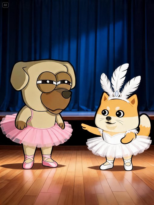 The image features a cartoon dog wearing a pink tutu, standing next to a cartoon cat dressed in a white tutu with feathers attached to its feet. The scene takes place on a stage or dance floor, suggesting that they are participating in a ballet performance.