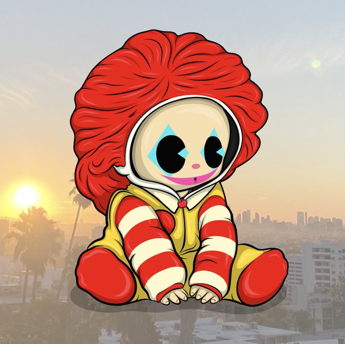 A cartoon character resembling Ronald McDonald with large red hair, a red and white striped outfit, and a clown-like face sits against a Los Angeles skyline at sunset.