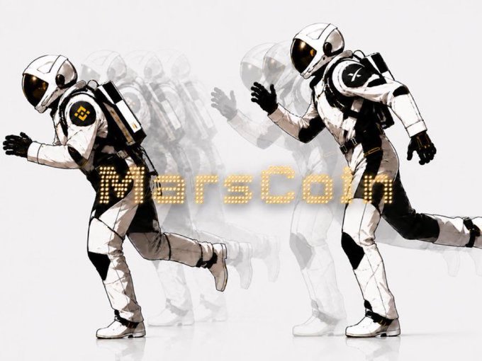 Two astronauts in white space suits are shown in dynamic running poses against a white background, with golden "MarsCoin" text overlaid across the center, visually reinforcing the post's promotion of $MARSCOIN as a high-potential cryptocurrency tied to Mars-themed meme culture.