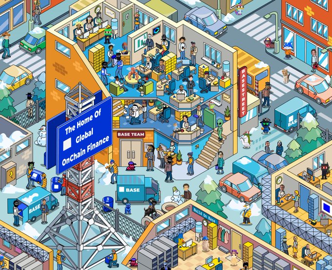 A colorful isometric digital illustration labeled 'The Home Of Global OnChain Finance' depicting the Base team office building surrounded by a busy street scene with various characters and BASE branded vehicles.