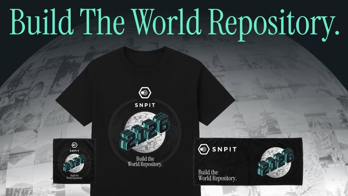 A promotional graphic for a merchandise brand called 'SNPIT' with the slogan 'Build The World Repository,' displaying a t-shirt and patches featuring 3D pixel-art style text against a backdrop of a world map.