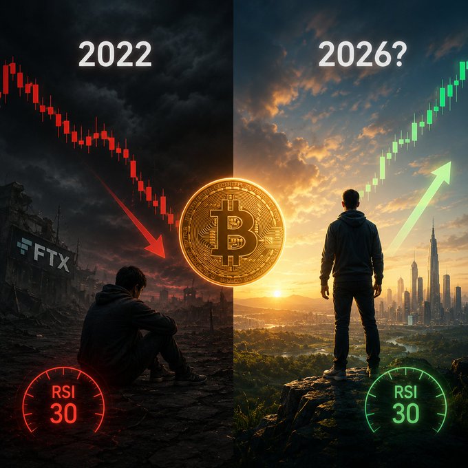 A split-screen graphic comparing Bitcoin market conditions in 2022 versus a speculative 2026, showing a downtrend (RSI 30) with FTX branding on the left and an uptrend (RSI 30) on the right, separated by a glowing Bitcoin logo.