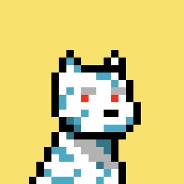 Pixel art of a white and blue robotic or skeletal character with red eyes against a yellow background.