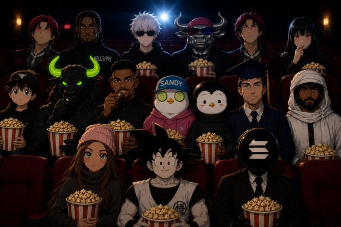 The image shows a diverse anime-style group, including characters like SANDY (with cucumber eyes), Goku (with the "悟" symbol), and various others, all holding popcorn buckets in a dark theater setting, with an "HELL SHADE" logo visible in the background. The post references "$ansem squad," suggesting these characters represent potential additions or members to that crypto community's lineup.