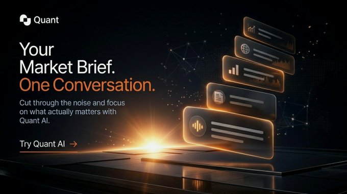 A dark-themed promotional graphic for Quant AI featuring the tagline 'Your Market Brief. One Conversation.' with floating notification cards and a 'Try Quant AI' call-to-action.
