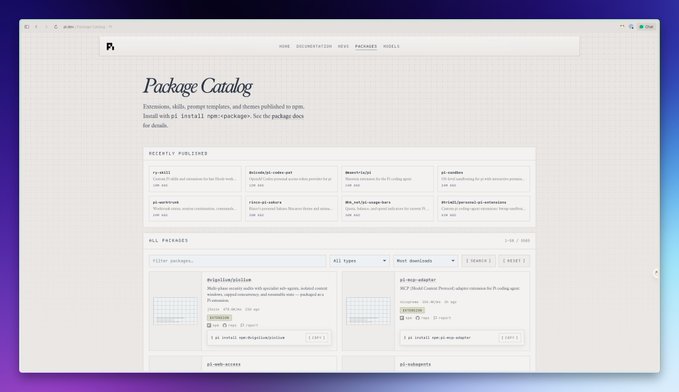A web browser displays the pi.dev "Package Catalog" page, featuring sections for "Recently Published" and "All Packages" with various plugins like `@waylaidwonder/svelte-treeview`, `@pi-mike/adaptor`, `pi-web-access`, and `pi-endpoints`. The screenshot visually supports the recommendation by showing the marketplace interface where users can browse and install extensions to customize their Pi Agent experience.