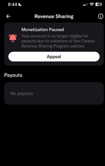 A mobile screenshot showing a 'Revenue Sharing' page with 'Monetization Paused' notice stating the account is no longer eligible for payouts due to violations of Creator Revenue Sharing Program policies, with an 'Appeal' button.