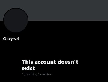 Twitter/X account error screen showing '@heyrori' with the message 'This account doesn't exist. Try searching for another.'