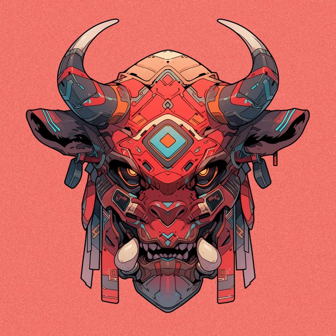 A stylized digital illustration of a red and black oni/demon mask with curved horns, glowing orange eyes, tusks, and geometric mecha-inspired armor details on a coral background.