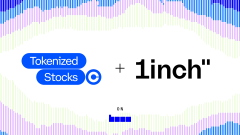 A minimalist graphic showing the text 'Tokenized Stocks' with a Solana logo plus '1inch' against a light purple and blue wave-patterned background.