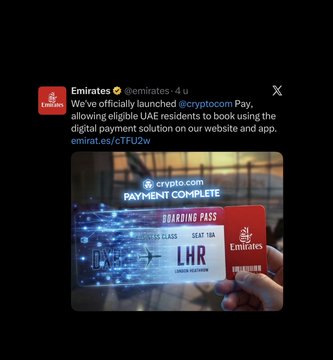 The image is a tweet from Emirates (@emirates) announcing the official launch of Crypto.com Pay, allowing eligible UAE residents to book flights using digital payments. It features an image of a boarding pass from London (LHR) to Dubai (DXB) being held up, overlaid with a "Payment Complete" Crypto.com graphic.
