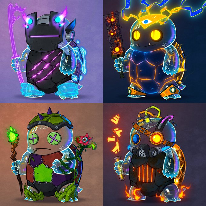 Four chibi-style turtle characters in different elemental themed variations (purple, orange, green, and fire) holding weapons in a 2x2 grid.