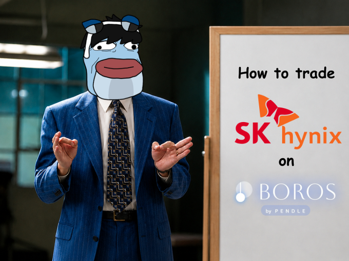 A man in a blue pinstripe suit with a cartoon cow-like mask over his head gestures toward a whiteboard reading "How to trade SK hynix on BOROS by PENDLE." The image humorously illustrates the post's tip about an upcoming SK Hynix (SKHY/SKHYNIX) catalyst on July 29th, when new ADRs can be issued, potentially creating an arbitrage opportunity that traders can exploit on Boros.