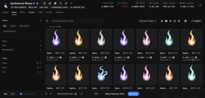 A screenshot of an NFT marketplace showing a collection called 'Spritehood Wisps' by spiritshood.eth, displaying various colorful flame/spirit NFTs with prices in ETH.