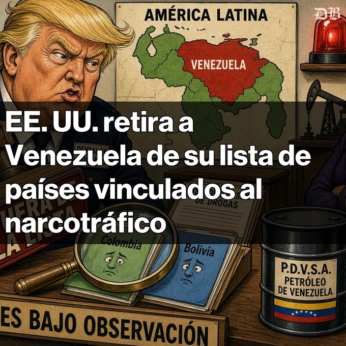 A cartoon political illustration shows Donald Trump alongside a map of Latin America highlighting Venezuela in red, with text reading 'EE. UU. retira a Venezuela de su lista de países vinculados al narcotráfico' and 'ES BAJO OBSERVACIÓN.' Other visible elements include a 'P.D.V.S.A. PETRÓLEO DE VENEZUELA' oil drum, folders labeled 'Colombia' and 'Bolivia,' and a 'DH' watermark.