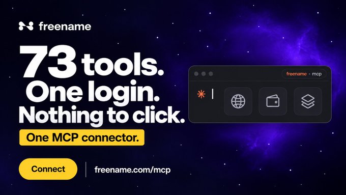 A promotional banner for 'freename' advertising '73 tools. One login. Nothing to click.' with 'One MCP connector' and a 'Connect' button at freename.com/mcp.