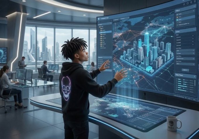 An AI-generated or concept art image depicting a young man in a futuristic tech room, interacting with a large holographic display showing a 3D city map and network nodes, while other figures work at computer stations in the background.