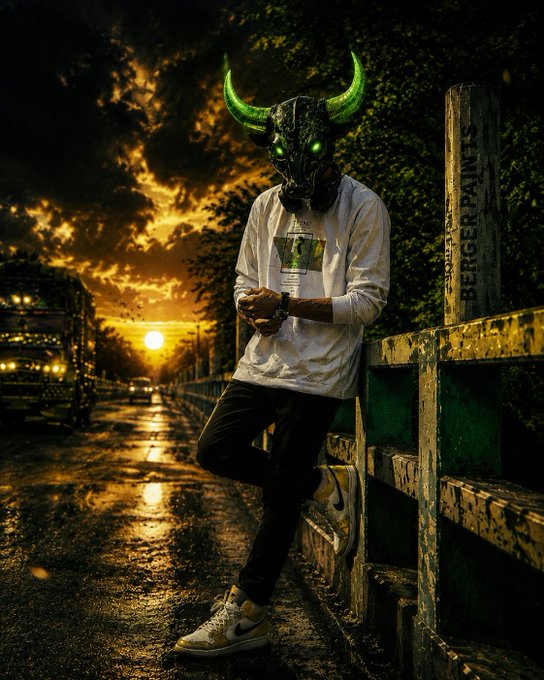 A person wearing a horned, glowing-eyed mask leans against a weathered "BERGER PAINTS" sign at sunset, creating a dramatic, mysterious scene. The image fits the post's caption about a mask that blurs the line between fiction and reality, though no crypto ticker is visible in the image itself.