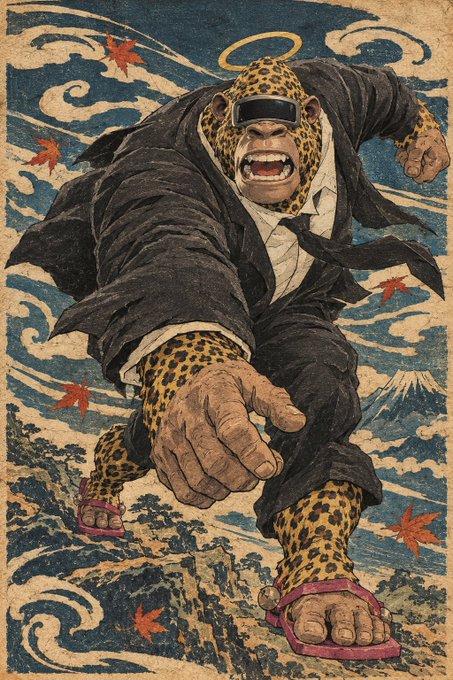 An artistic illustration of a muscular leopard-headed humanoid wearing a black suit, sunglasses, and sandals, set against a Japanese ukiyo-e style background with waves, maple leaves, and Mt. Fuji.