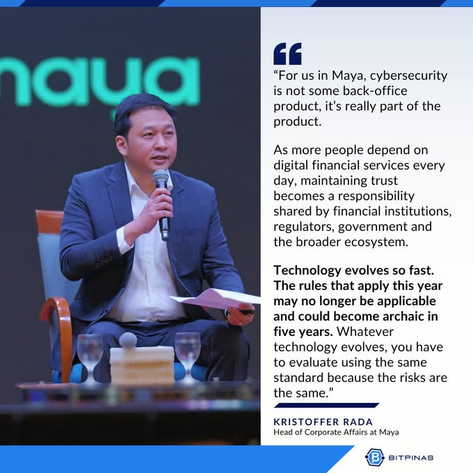 A corporate event photo of a man named 'KRISTOFFER RADA, Head of Corporate Affairs at Maya' speaking into a microphone, accompanied by a quote emphasizing that 'cybersecurity is not some back-office product, it's really part of the product' at Maya.