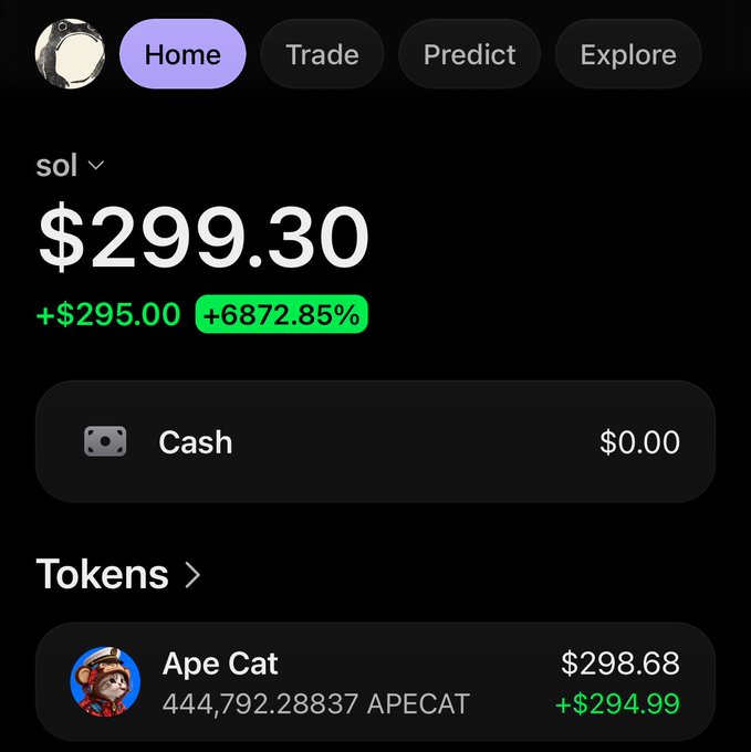 A cryptocurrency portfolio screen shows a balance of $299.30 with a +6872.85% gain, holding 444,792.28837 APECAT (Ape Cat) tokens currently valued at $298.68.