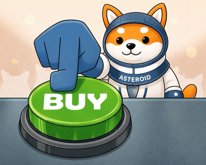 A cartoon Shiba Inu astronaut wearing a space suit labeled "ASTEROID" presses a large green "BUY" button, visually playing on the meme-friendly phrase "the easiest button you'll press today" to humorously encourage an effortless purchase.
