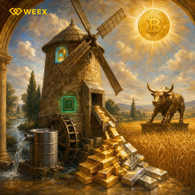 An AI-generated promotional image branded with the "WEEX" logo depicts an old stone windmill, a Bitcoin coin glowing in the sky, a golden bull statue, and piles of gold and silver bars in a wheat field.