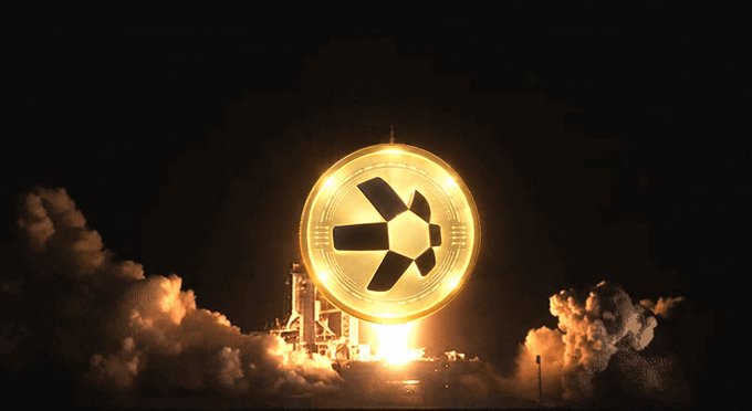 A dramatic image of a golden coin featuring the XRP (Ripple) logo emerging from flames and smoke at a launch pad, symbolizing a price surge or takeoff.