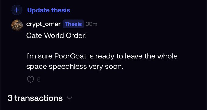 A Discord post by user "crypt_omar" titled "Cate World Order!" predicts that "PoorGoat" will soon leave the crypto space speechless, echoing the post's claim about @PoorGoat_ shocking disbelievers under a "Cat(e) world order" theme.