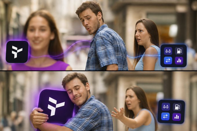 The image shows a man holding a purple square sign with a logo for @useTria, which is a cryptocurrency wallet app. The man appears to be hugging another person who is looking at him. In addition to these two main subjects, there are also other people in the background of the image.