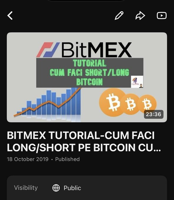 A mobile YouTube video page displaying a BitMEX tutorial titled 'BITMEX TUTORIAL-CUM FACI LONG/SHORT PE BITCOIN' published on 18 October 2019, with a 23:36 runtime.