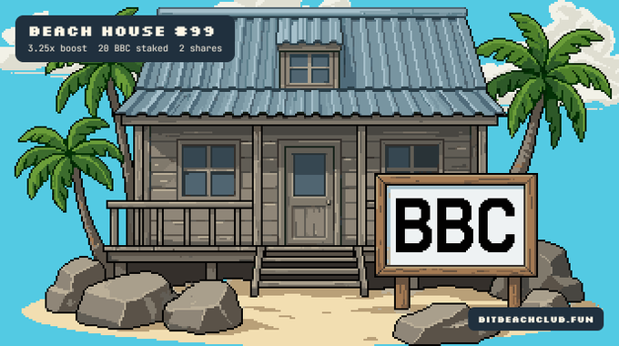 Pixel art advertisement for 'BEACH HOUSE $99' at bitbeachclub.fun, featuring a wooden house on a beach with palm trees and a sign reading 'BBC'.