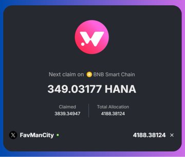 A digital interface showing 'Next claim on BNB Smart Chain' for '349.03177 HANA', with 'Claimed 3839.34947' and 'Total Allocation 4188.38124' from 'FavManCity'.